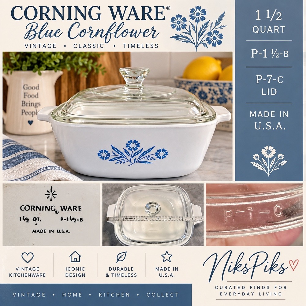 Vintage Corning Ware Blue Cornflower P-1½-B 1.5 Qt Casserole P-7-C Lid USA